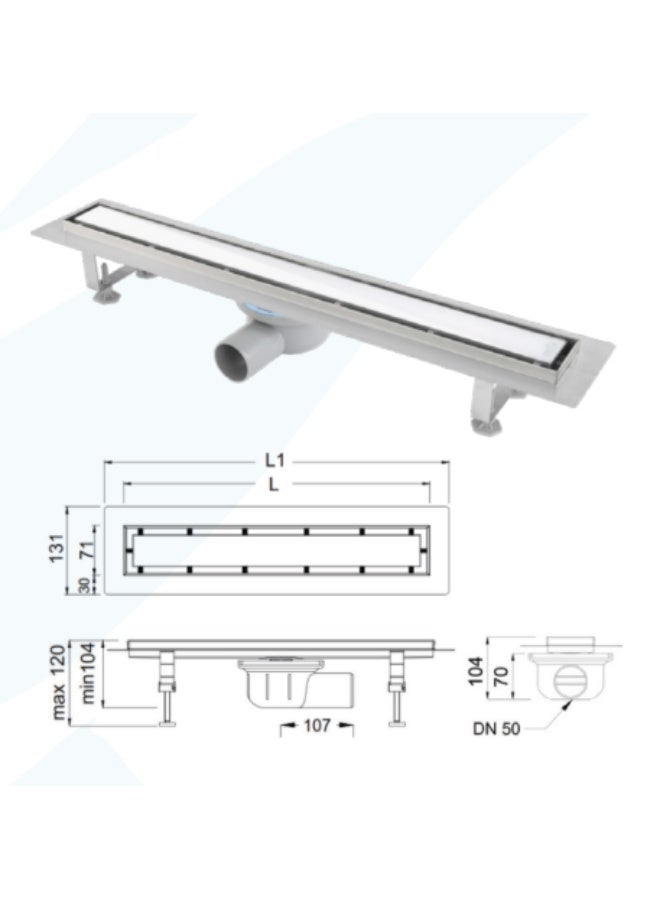 بيورا مصرف أرضية خطي ستانلس ستيل 304 للحمام بغطاء زجاج أبيض – سيفون أفقي DN50 مانع للروائح مع جلدة O Ring – قناة تصريف مياه للدش والكابينة والحمامات الحديثة مع فلتر شعر قابل للإزالة - Image 3